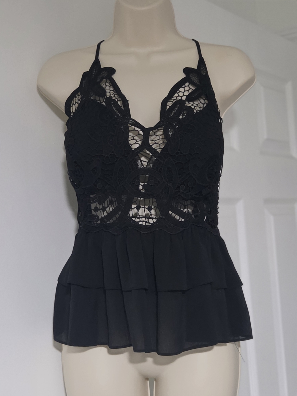 Black Lace Peplum Camisole Top - Women
